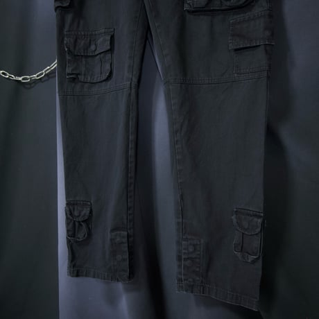 USED Multi Pockets Loose Tapered Piece Dyed Black Cotton Pants