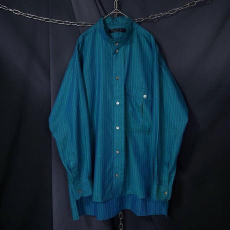 USED Fabric Italy Fake Reversible Pure Cotton Chalk Stripe Graduation Emerald Band Collar L/S Shirts