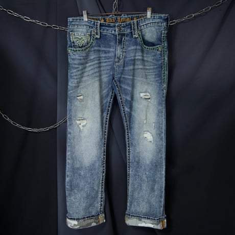 Rock Revival Fleurdelis Embroidery Orange Selvage Camouflage Switch Loose Straight Damage Wash Denim