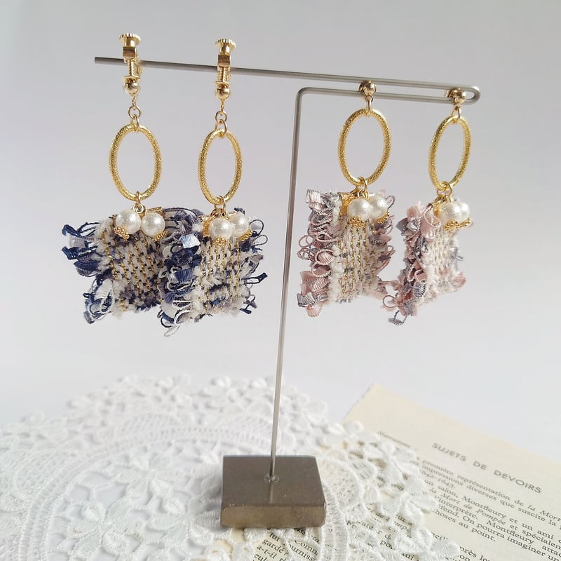 ツイードリボン タッセル ピアス・イヤリング ネイビー・ピンク  