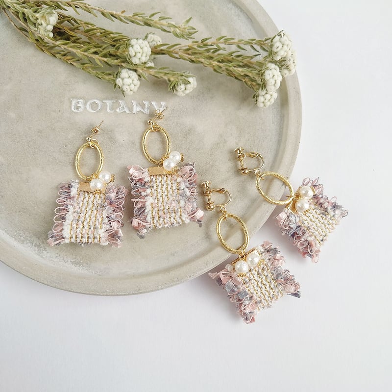 ツイードリボン タッセル ピアス・イヤリング ネイビー・ピンク  