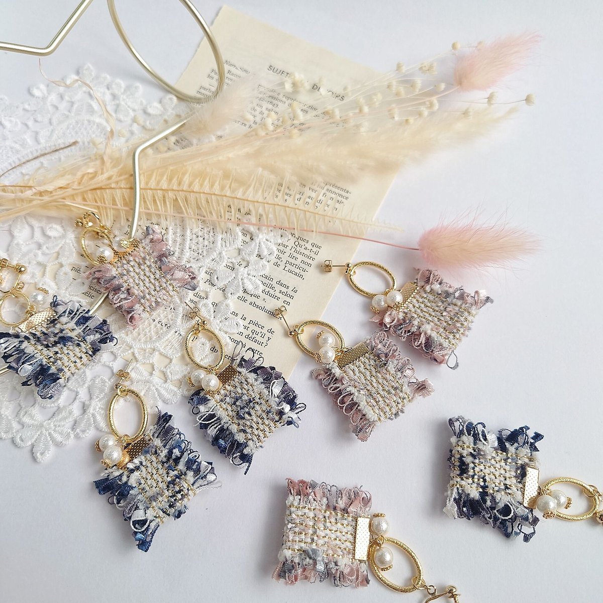 再販2　フリンジ　ピンク　グレー　ピアス　イヤリング　ツイード　リボン　タッセル 再販2 フリンジ ピンク グレー ピアス イヤリング ツイード リボン