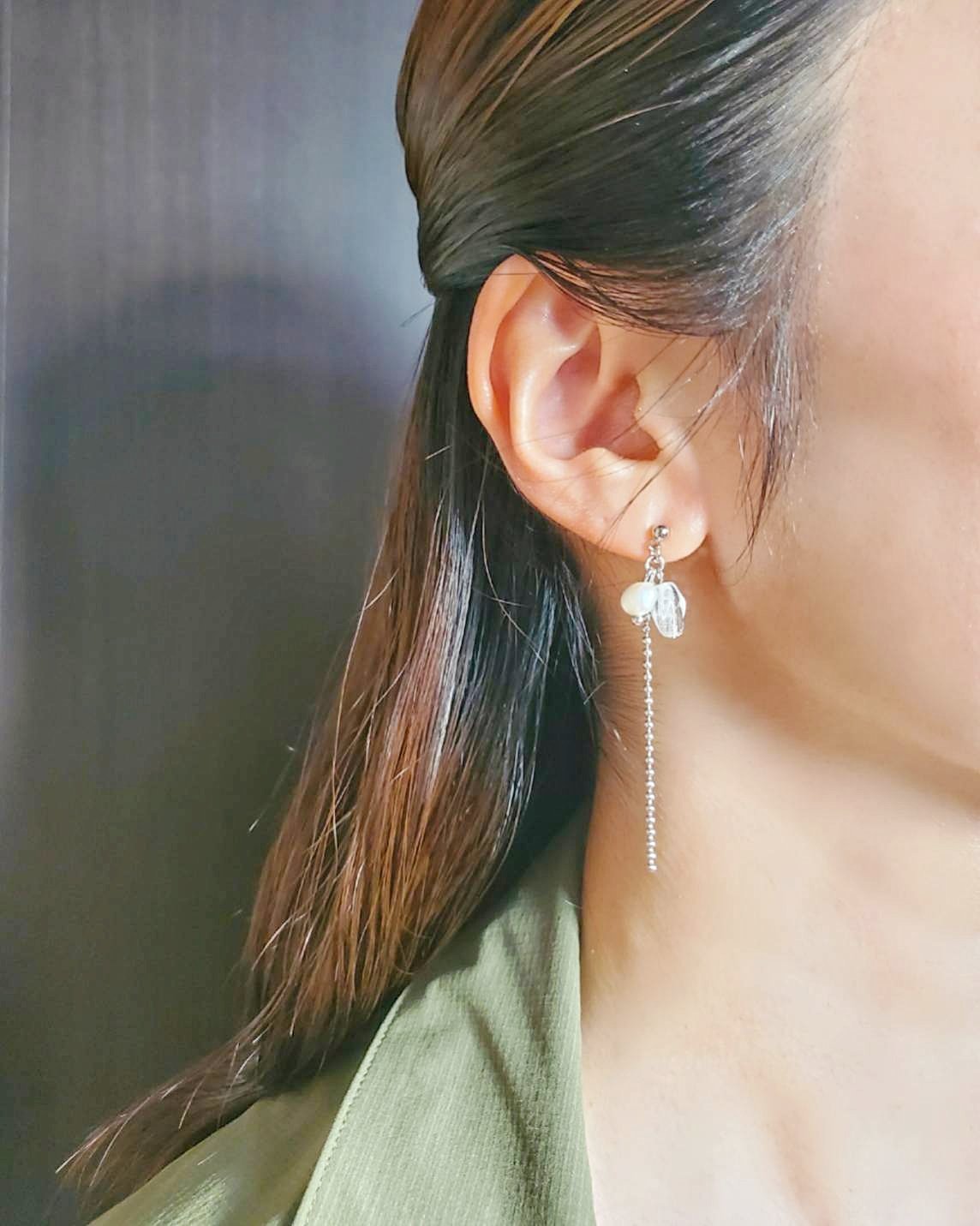 2way フォッシルコーラル＆淡水パール　 ピアス／イヤリング イヤリング【Circle】/14KGF*大粒淡水パール2wayイヤリング