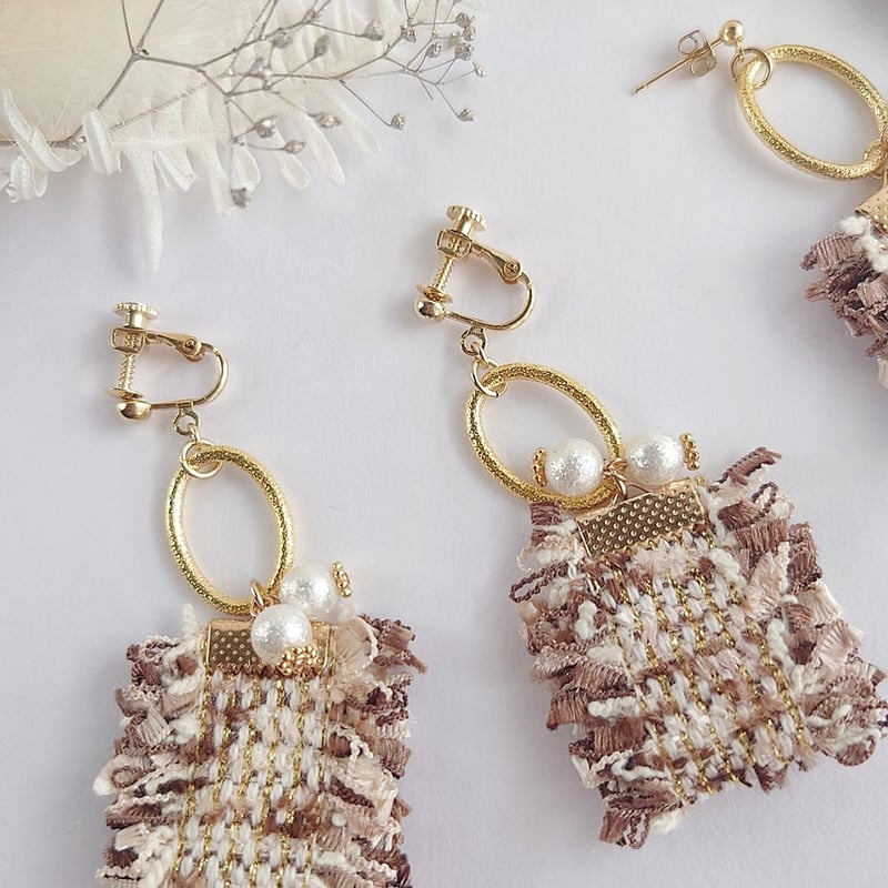 ツイードリボン タッセル ピアス・イヤリング ネイビー・ピンク  