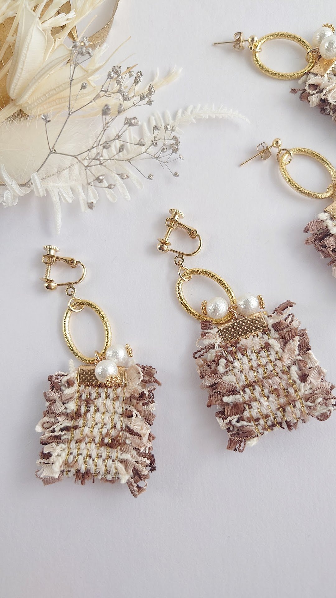 再販2　フリンジ　ピンク　グレー　ピアス　イヤリング　ツイード　リボン　タッセル 再販2 フリンジ ピンク グレー ピアス イヤリング ツイード リボン