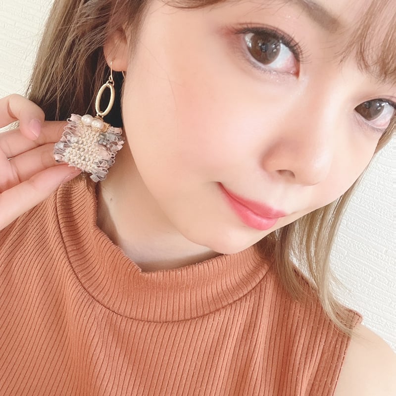ツイードリボン タッセル ピアス・イヤリング ネイビー・ピンク  