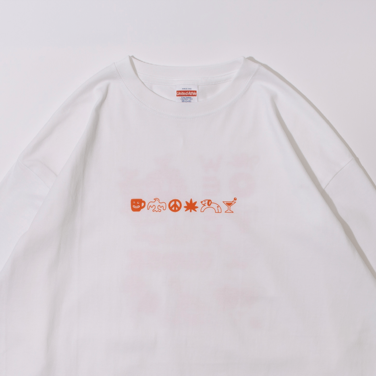 Toyameg ロングスリーブTシャツ （ホワイト×オレンジプリント）