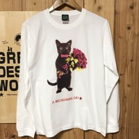 はにゃ束ねこ-ロンT（白地）（くろねこ）　※袖リブ変更中