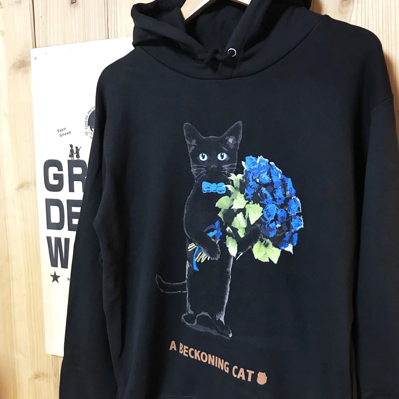 はにゃ束ねこ（くろねこパーカー青バラ）黒生地 | A BECKONING CAT