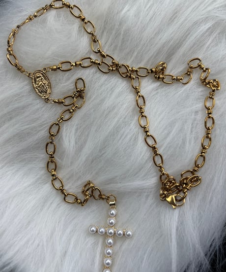 CROSS×PEARL ROSARY NECKLACE(GOLD)