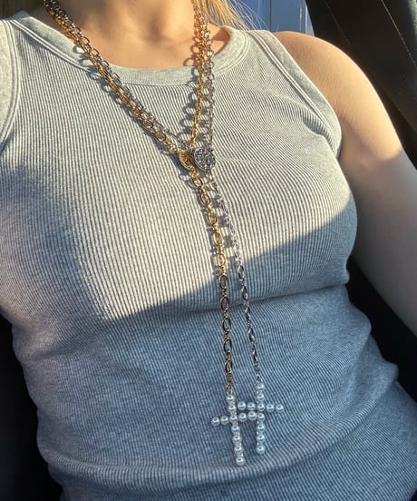 CROSS×PEARL ROSARY NECKLACE(SILVER)