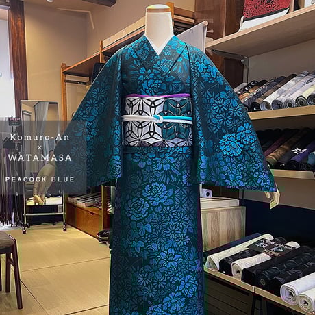 【受注品】洗えるお召し『ステンドグラス』ピーコックブルー