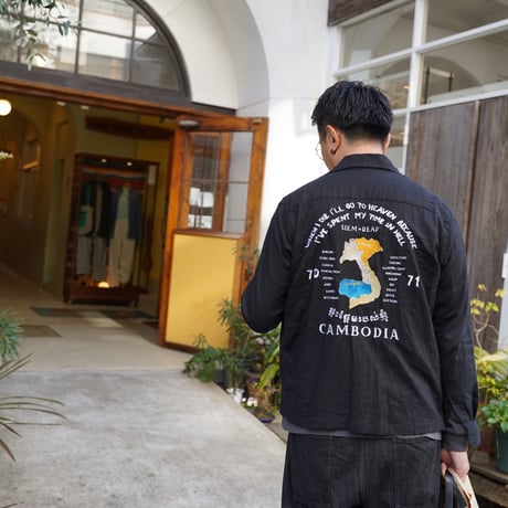 Cambodia Embroidered Black Linen Shirts - カンボジアの刺繍リネンシャツ