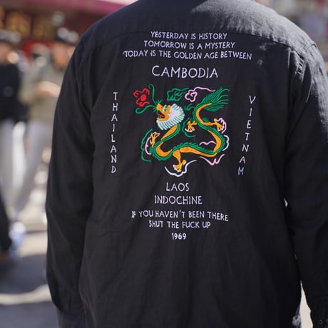 Cambodia Embroidered Black Linen Shirts - カンボジアの刺繍リネンシャツ