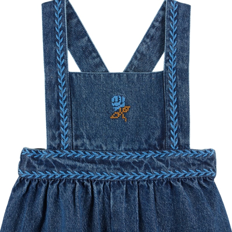 KIDS】 Blue denim embroidered overalls / Emile