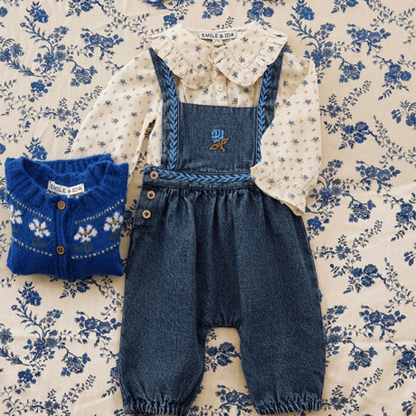 【BABY】 Blue denim embroidered overalls / Emile et Ida