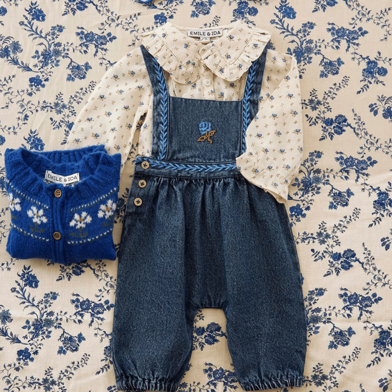 BABY】 Blue denim embroidered overalls / Emile
