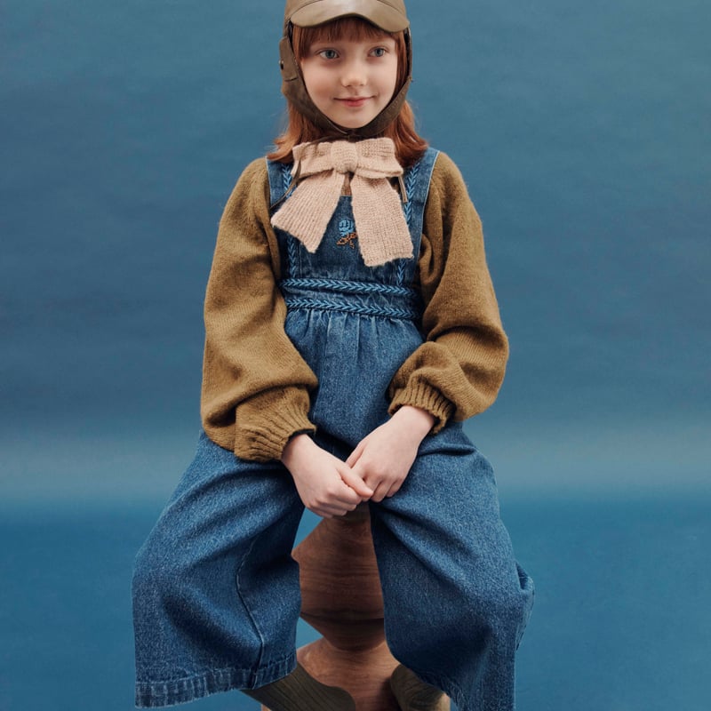 KIDS】 Blue denim embroidered overalls / Emile