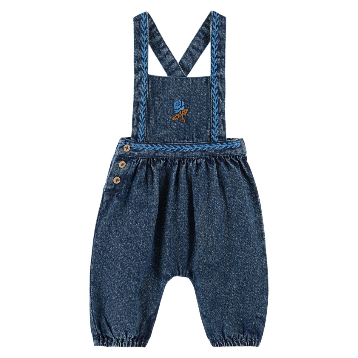 BABY】 Blue denim embroidered overalls / Emile