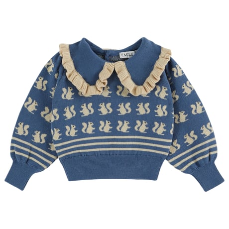 Blue organic cotton squirrel jacquard sweater / Emile et Ida