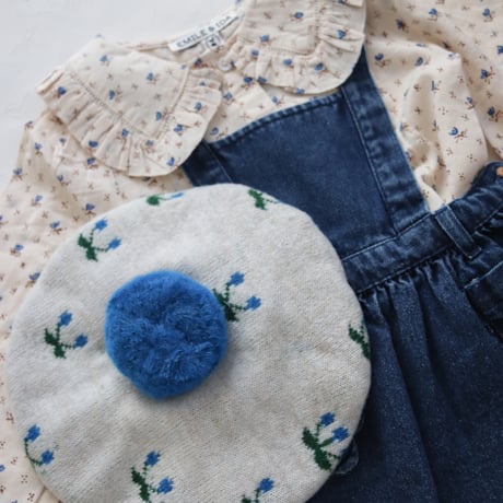 Ecru and blue cherry beret / Emile et Ida