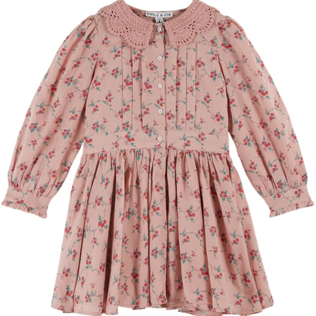 Pink crochet-neck dress with red flowers / Emile et Ida