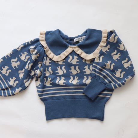 Blue organic cotton squirrel jacquard sweater / Emile et Ida