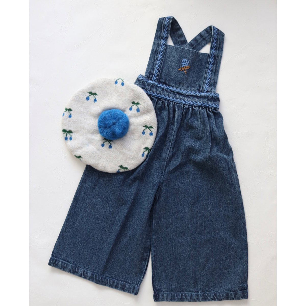新品未使用 ROBE BRODE DENIM / Emile et Ida ラスト1点】【KIDS】 Blue denim embroidered overalls /