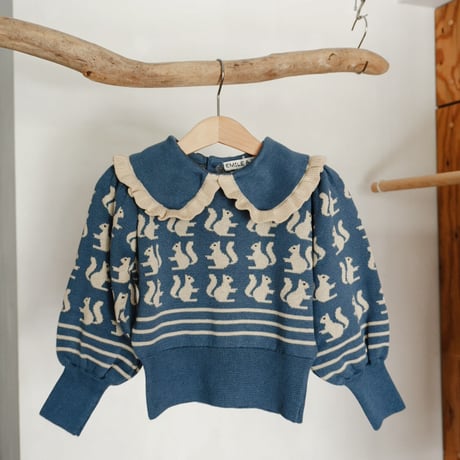Blue organic cotton squirrel jacquard sweater / Emile et Ida