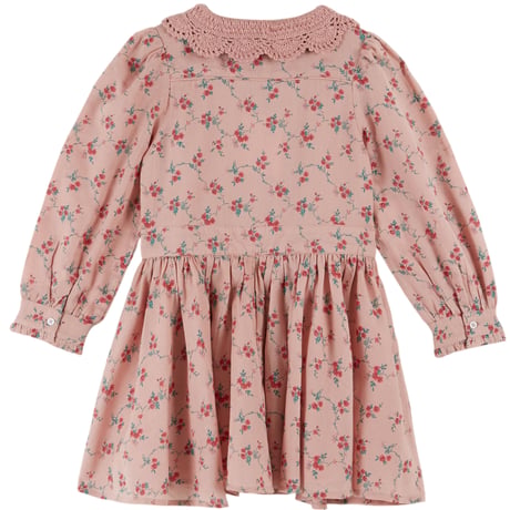 Pink crochet-neck dress with red flowers / Emile et Ida
