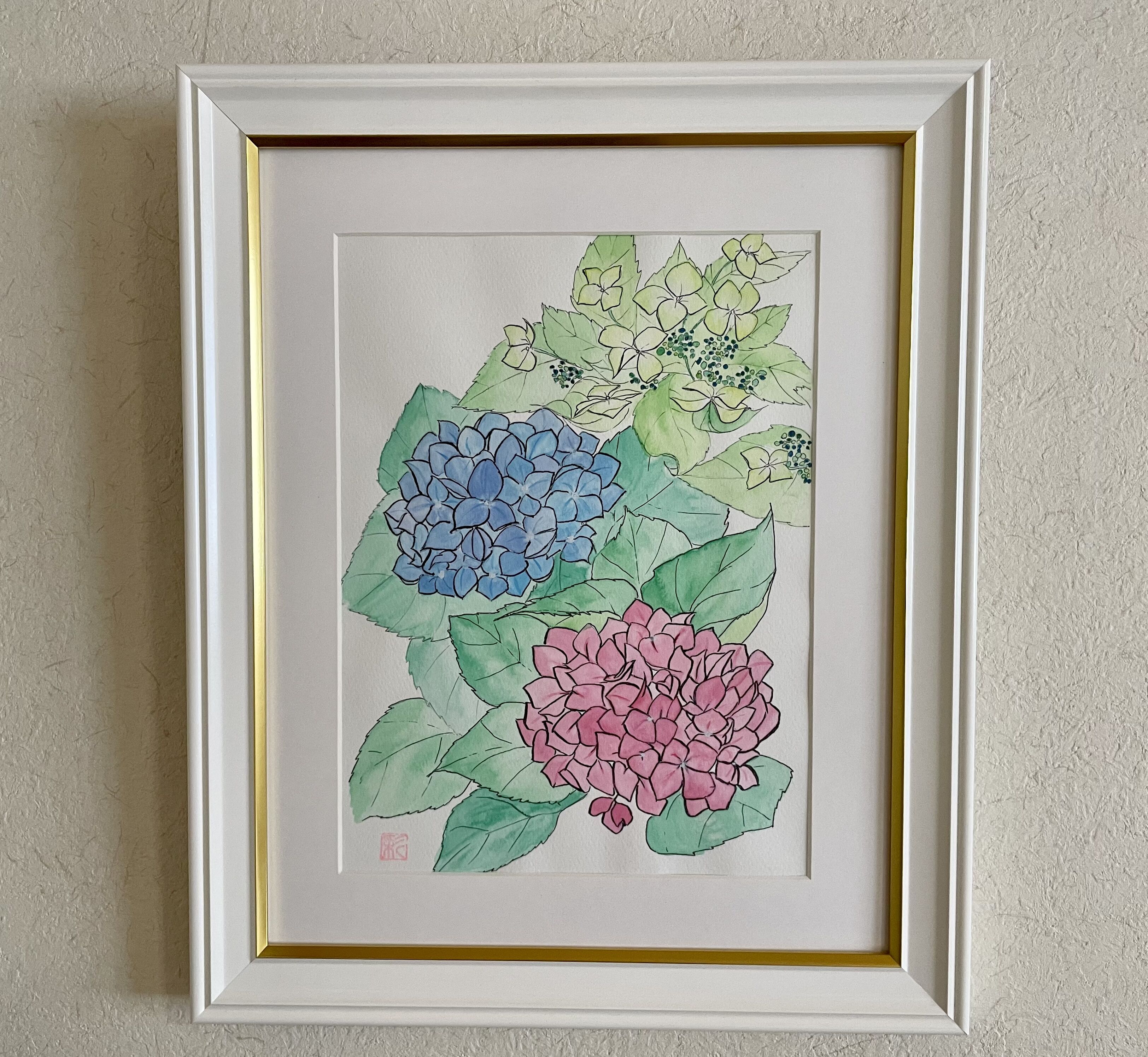 紫陽花の絵 水彩画 額装済み F6号サイズ original