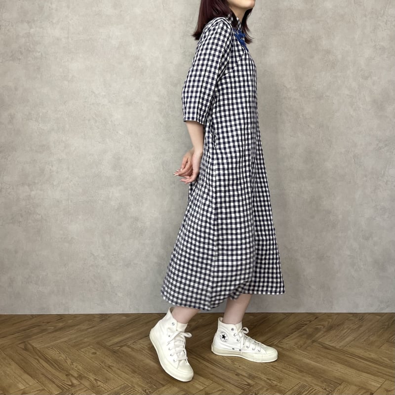 【美品】フォクシー ワンピースドレス 紺×白ギンガムチェック ひざ丈 ギンガムチェック × 紺青ボタン | Jmei