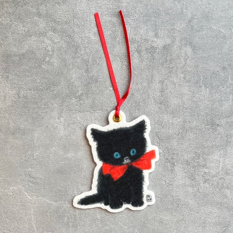 モリ イラストレーター　フェルトしおり「赤いリボンの黒い子猫」