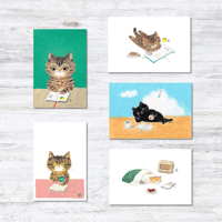 モリ イラストレーター ポストカード 「猫と本」