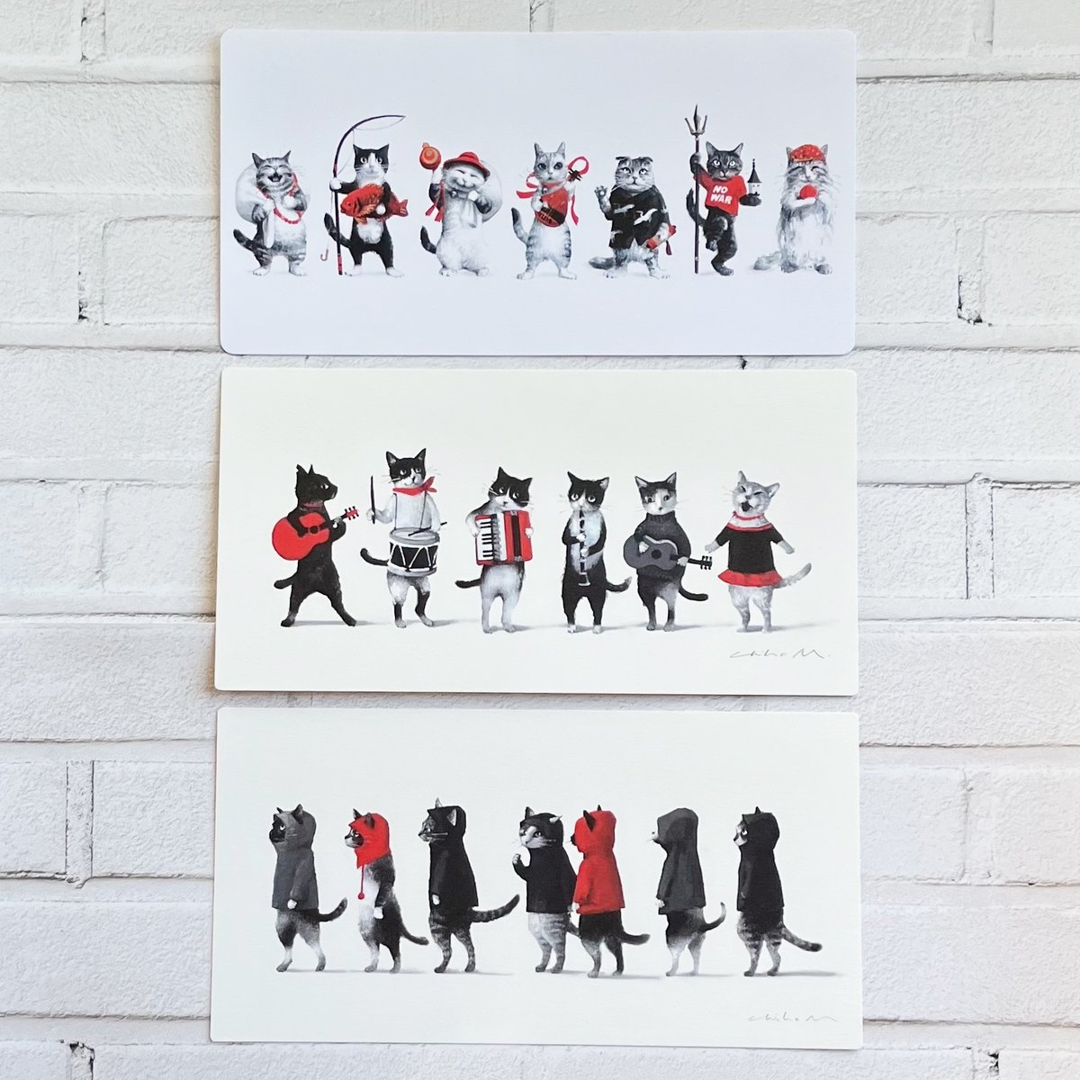 テリー今野、【三びきの猫】、希少な画集より、状態良好、新品高級額装付 テリー今野、【三びきの猫】、希少な画集より、状態良好、新品