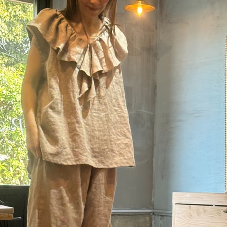 85093 麻frill-tops：French-sleeve