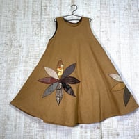くるみ色＊ムラ染織＆大島紬花びらパッチで美ライン＆テントラインワンピースＭ～Ｌ