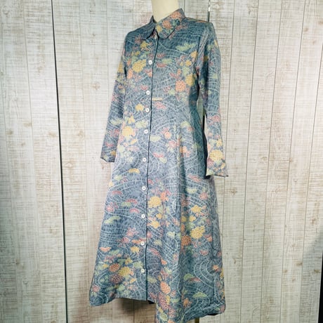 オーダー＊水面に松・菊・梅など小紋総裏付きシャツカラーワンピースＳサイズ