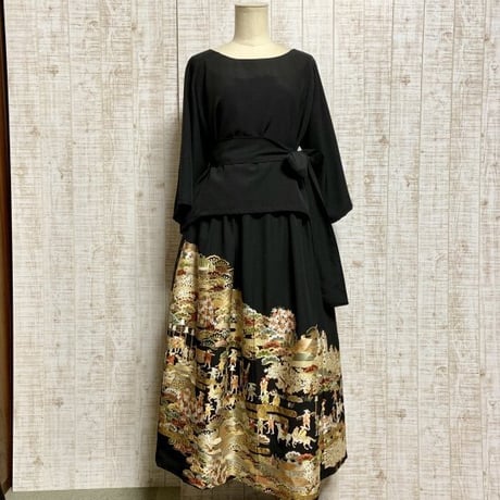 オーダー＊作家物豪華刺繍正絹黒留袖ラグラン袖ブラウス＆ギャザースカートＬＬ～３Ｌ＆ギャザーストール