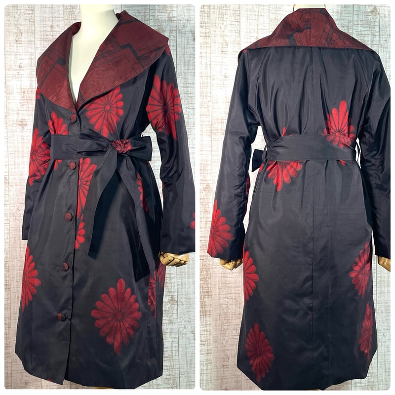 菊＆亀甲模様2種類の正絹大島紬豪華BIGショールカラー裏地付きコートM