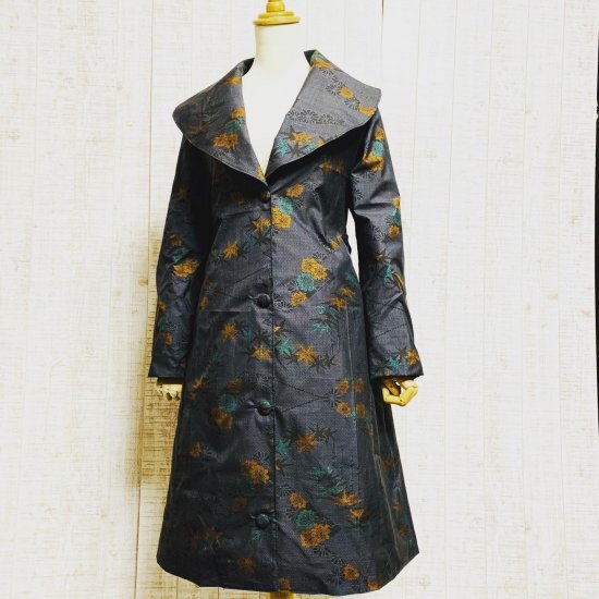 シルク大島紬バルーンコート(幅広スヌード付き) 正絹織り出し柄大島紬豪華BIGショールカラー裏地付きコートM~L