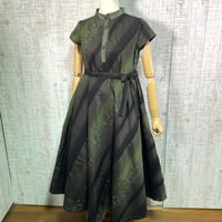 緑系＊幾何学文様正絹大島紬スタンドカラーフレンチ袖テントライン＆美ラインワンピースＭ〜Ｌ