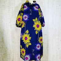 持ち込みオーダー＊向日葵柄注染浴衣反物２way襟＆ボリューム袖ロングワンピースＭ～Ｌ