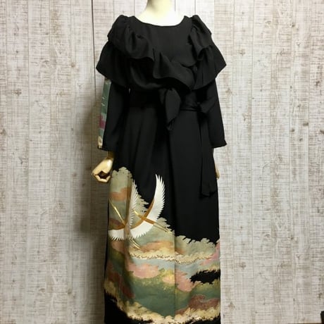 Ｊ様オーダー＊作家物＊金彩・雲取に抽象松・朱鷺模様刺繍正絹黒留袖ワンピースＭ～Ｌ＆ギャザーストール