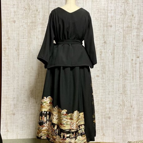 オーダー＊作家物豪華刺繍正絹黒留袖ラグラン袖ブラウス＆ギャザースカートＬＬ～３Ｌ＆ギャザーストール