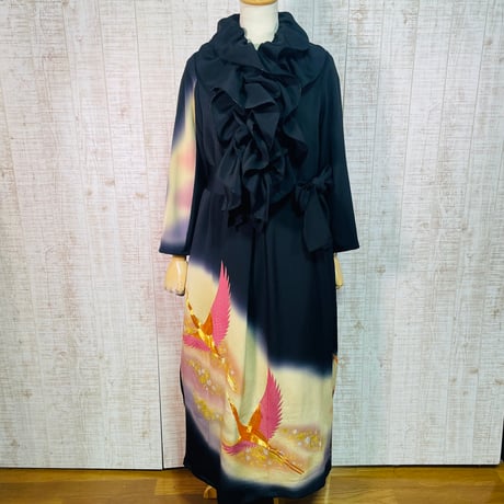 金彩鶴模様刺繍正絹黒留袖ワンピースＬ～ＬＬ＆ギャザーストール