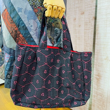 大島紬継ぎ接ぎパッチワーク＆お召＊ブロッキングリバーシブル丸襟ロングコートＬ～ＬＬ＆バッグ