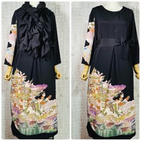 作家物＊松竹梅菊花いっぱい＆御所車柄正絹縮緬黒留袖ワンピースＬ～ＬＬ＆ギャザーストール