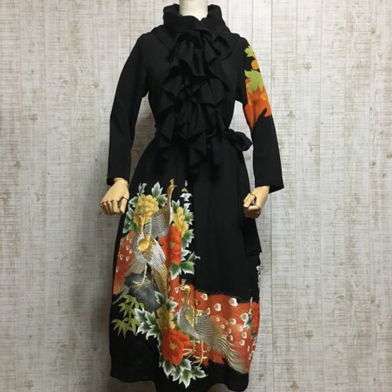 牡丹鳳凰金糸刺繍縮緬正絹黒留袖でワンピースM～L＆ギャザーストール 