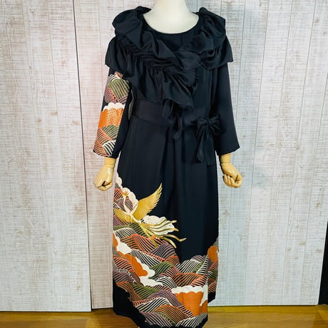 作家物＊鳳凰＆波模様刺繍正絹黒留袖ワンピースＬ～ＬＬ＆ギャザーストール